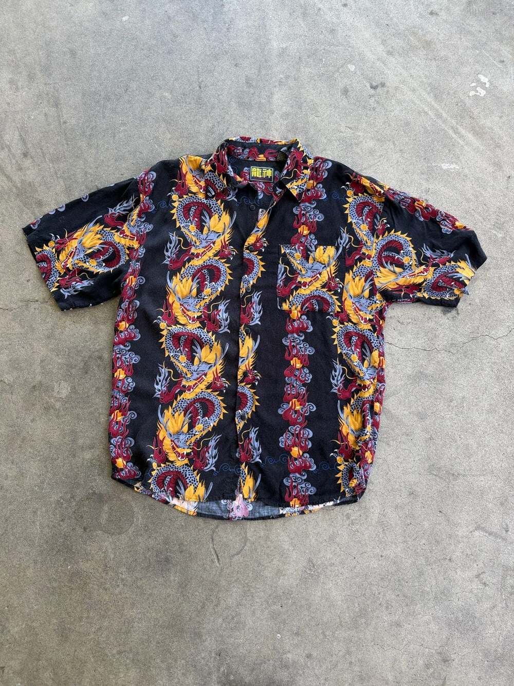 vintage Billion Bay Dragon All-Over Print Rayon Button-Down Shirt